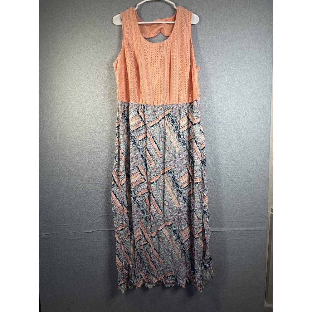 Faded Glory Dress Womens Plus 2X Multicolor Geometric Lace Top Maxi Sundress